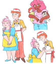 Size: 898x1020 | Tagged: safe, artist:brensey, imported from derpibooru, carrot cake, cup cake, pinkie pie, pound cake, pumpkin cake, human, cake twins, dark skin, humanized, light skin, the cakes