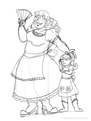 Size: 720x954 | Tagged: safe, artist:brensey, imported from derpibooru, apple bloom, big macintosh, human, brotherhooves social, crossdressing, embarrassed, hairy legs, humanized, monochrome, orchard blossom, pen sketch, sketch