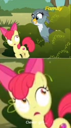 Size: 455x818 | Tagged: safe, imported from derpibooru, screencap, apple bloom, gabby, griffon, the fault in our cutie marks, clever girl, comic sans, cutie mark, food chain, griffons doing griffon things, jurassic park, predator, prey, the cmc's cutie marks, this will end in vore