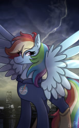 Size: 1108x1800 | Tagged: safe, artist:kikirdcz, imported from derpibooru, rainbow dash, city, clothes, crossover, dc comics, female, lightning, signature, solo, storm, stormcloud, superhero, the flash, thunder