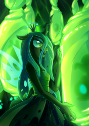 Size: 1000x1419 | Tagged: safe, artist:kelsea-chan, imported from derpibooru, queen chrysalis, anthro, changeling, changeling queen, clothes, cocoon, crown, dress, female, jewelry, open mouth, regalia, solo