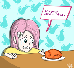 Size: 1799x1651 | Tagged: safe, artist:linlaifeng, deleted from derpibooru, imported from derpibooru, fluttershy, chicken, human, abuse, humanized, implied scootabuse, implied scootaloo, solo