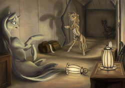 Size: 4677x3307 | Tagged: safe, artist:kirillk, imported from derpibooru, masquerade, earth pony, pony, unicorn, egyptian, joke, lantern, leg testicles, mummy, rearing, scared
