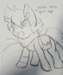 Size: 2660x3180 | Tagged: safe, artist:larrykitty, artist:php156, imported from derpibooru, oc, oc only, oc:himmel, clothes, dialogue, hero, monochrome, pencil, saddle bag, scarf, sketch, solo, traditional art