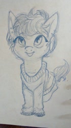 Size: 674x1200 | Tagged: safe, artist:hippykat13, artist:sabokat, imported from derpibooru, oc, oc only, oc:kitty sweet, cute little fangs, fangs, monochrome, short hair, sketch, solo, traditional art