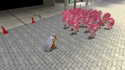 Size: 1280x720 | Tagged: safe, artist:shinxboy, imported from derpibooru, pinkie pie, 3d, clone, crossover, multeity, one punch man, pinkie clone, saitama, too much pink energy is dangerous, traffic cone