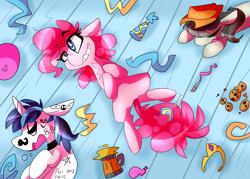 Size: 2800x2000 | Tagged: safe, artist:nekosnicker, imported from derpibooru, octavia melody, pinkie pie, shining armor, aftermath, applejack's hat, balloon, body writing, candy, cider, confetti, cookie, cowboy hat, crown, cute, diapinkes, food, hat, implied twilight sparkle, jewelry, lollipop, party, party hat, regalia, shining adorable, tavibetes