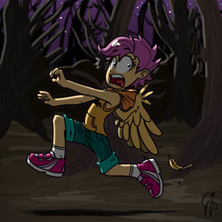Size: 1200x1200 | Tagged: safe, artist:glancojusticar, imported from derpibooru, scootaloo, human, sleepless in ponyville, clothes, female, forest, humanized, open mouth, pants, running, scene interpretation, shoes, sneakers, solo, tongue out, winged humanization, wings