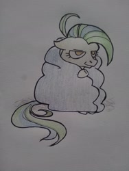 Size: 1542x2048 | Tagged: safe, artist:pandan009, imported from derpibooru, oc, oc only, oc:screwpine, oc:screwpine caprice, pony, blanket, cold, solo, traditional art