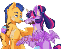 Size: 1189x950 | Tagged: safe, artist:yuyusunshine, imported from derpibooru, flash sentry, twilight sparkle, alicorn, pony, alternate hairstyle, cupcake, flashlight, food, food fight, male, messy, mouth hold, shipping, silly, silly pony, simple background, straight, twilight sparkle (alicorn), white background, wooden spoon