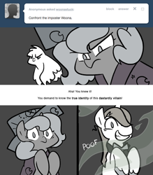 Size: 666x761 | Tagged: safe, artist:egophiliac, imported from derpibooru, prince blueblood, princess luna, oc, oc:pebbl, changeling, moonstuck, ask, cartographer's cap, comic, filly, grayscale, hat, marauder's mantle, monochrome, moon roc, tumblr, woona, younger