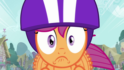 Size: 1280x720 | Tagged: safe, imported from derpibooru, screencap, scootaloo, pony, sleepless in ponyville, close-up, female, helmet, solo, speed lines