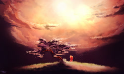 Size: 2000x1200 | Tagged: safe, artist:freeedon, imported from derpibooru, fluttershy, pony, beautiful, cloud, crepuscular rays, female, rear view, scenery, scenery porn, sitting, sky, solo, sun, sunrise, tree, under the tree