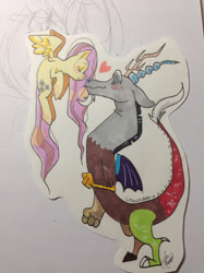 Size: 1280x1707 | Tagged: safe, artist:gidankuroki, imported from derpibooru, discord, fluttershy, blushing, cute, discoshy, eyes closed, heart, imminent kissing, looking at each other, male, profile, shipping, straight, traditional art