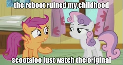 Size: 851x452 | Tagged: safe, edit, edited screencap, imported from derpibooru, screencap, scootaloo, sweetie belle, bloom and gloom, childhood ruined, impact font, meme, obligatory pony, scootaloo is wrong about everything, text