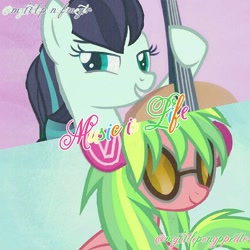 Size: 750x750 | Tagged: artist needed, safe, artist:mylittlepony651, imported from derpibooru, coloratura, dj pon-3, lemon zest, octavia melody, vinyl scratch, equestria girls, alternate universe, bow (instrument), cello, disc jockey, equestria girls ponified, instagram, looking back, musical instrument, ponified, rara, vinyl's glasses