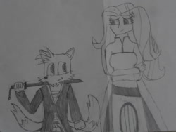 Size: 1024x768 | Tagged: safe, artist:brandonale, imported from derpibooru, fluttershy, equestria girls, bleach (manga), clothes, cosplay, costume, crossover, inoue orihime, kurosaki ichigo, miles "tails" prower, sonic the hedgehog (series), traditional art