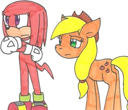 Size: 850x727 | Tagged: safe, artist:cmara, imported from derpibooru, applejack, crossover, duo, knuckles the echidna, simple background, sonic the hedgehog (series), traditional art, white background