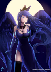 Size: 764x1080 | Tagged: safe, artist:rizkitsuneki, imported from derpibooru, princess luna, human, clothes, dress, evening gloves, female, gloves, horned humanization, humanized, moon, side slit, socks, solo, spread wings, thigh highs, winged humanization