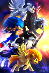 Size: 807x1200 | Tagged: safe, artist:seanica, imported from derpibooru, soarin', spitfire, thunderlane, oc, oc:foxtrot, pegasus, pony, backwards cutie mark, crossover, female, male, mare, old cutie mark, sonic the hedgehog, sonic the hedgehog (series), stallion, weapon