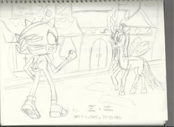 Size: 1024x744 | Tagged: safe, artist:infinityr319, imported from derpibooru, queen chrysalis, canterlot, crossover, fight, pencil drawing, shadow the hedgehog, sonic the hedgehog (series), traditional art