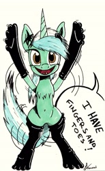 Size: 2941x4770 | Tagged: safe, artist:mrpenceaul, imported from derpibooru, lyra heartstrings, pony, absurd resolution, belly button, bipedal, chest fluff, clothes, dialogue, female, looking at you, open mouth, simple background, smiling, socks, solo, toe socks