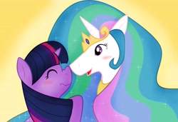 Size: 6076x4164 | Tagged: artist needed, source needed, safe, imported from derpibooru, princess celestia, twilight sparkle, absurd resolution, blushing, boop, female, gradient background, lesbian, nose wrinkle, noseboop, nuzzling, shipping, twilestia, wavy mouth