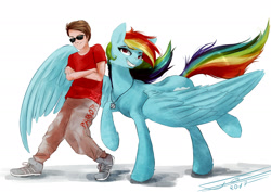 Size: 2400x1700 | Tagged: safe, artist:yummiestseven65, imported from derpibooru, rainbow dash, human, clothes, crossed arms, duo, grin, looking at you, pants, raised hoof, raised leg, shoes, signature, simple background, smiling, smirk, smug, spread wings, sunglasses, white background
