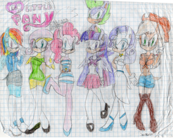 Size: 3068x2436 | Tagged: safe, artist:sonicxfan64, imported from derpibooru, applejack, fluttershy, pinkie pie, rainbow dash, rarity, spike, twilight sparkle, alicorn, anthro, crossover, graph paper, mane seven, mane six, sonic the hedgehog (series), sonicified, traditional art, twilight sparkle (alicorn)