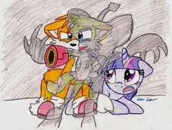 Size: 1016x768 | Tagged: safe, artist:silversimba01, imported from derpibooru, twilight sparkle, arm cannon, crossover, miles "tails" prower, scared, shadow, sonic the hedgehog (series), tails doll, traditional art