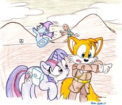 Size: 988x856 | Tagged: safe, artist:silversimba01, imported from derpibooru, trixie, twilight sparkle, ghoul, pony, unicorn, crossover, fallout, female, mare, miles "tails" prower, open mouth, pointing, raised hoof, running, scared, sonic the hedgehog (series), traditional art, trixie's cape, trixie's hat, wheel o feet, wide eyes