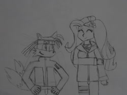 Size: 1024x768 | Tagged: safe, artist:brandonale, imported from derpibooru, fluttershy, equestria girls, clothes, cosplay, costume, crossover, hyuuga hinata, miles "tails" prower, naruto, sonic the hedgehog (series), traditional art, uzumaki naruto