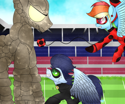 Size: 1024x846 | Tagged: dead source, safe, artist:northlights8, imported from derpibooru, rainbow dash, soarin', pony, chat noir, crossover, miraculous ladybug, monster, stoneheart, yo-yo