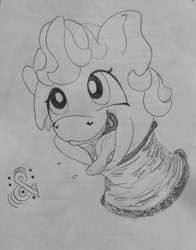 Size: 1001x1280 | Tagged: safe, artist:andandampersand, imported from derpibooru, oc, oc only, oc:dee valerie, pony, neck gaiter, open mouth, silly, solo, tongue out, traditional art