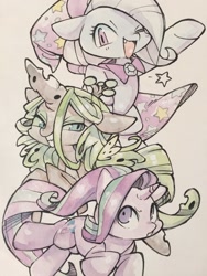 Size: 1536x2048 | Tagged: safe, artist:mosamosa_n, imported from derpibooru, queen chrysalis, starlight glimmer, trixie, pony, unicorn, cape, clothes, female, grin, hat, one eye closed, open mouth, simple background, smiling, stars, traditional art, trio, trio female, trixie's cape, trixie's hat, white background, wink