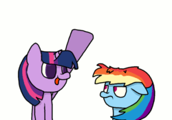 Size: 999x696 | Tagged: safe, artist:laserpewpewrblx, imported from derpibooru, rainbow dash, twilight sparkle, pony, animated, duo, female, floppy ears, gif, head pat, lidded eyes, pat, simple background, smiling, tongue out, white background