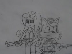 Size: 1024x768 | Tagged: safe, artist:brandonale, imported from derpibooru, fluttershy, equestria girls, ak-47, assault rifle, clothes, cosplay, costume, crossover, ellis, gun, left 4 dead, left 4 dead 2, miles "tails" prower, rifle, shotgun, sonic the hedgehog (series), traditional art, weapon