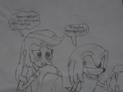 Size: 1024x768 | Tagged: safe, artist:brandonale, imported from derpibooru, applejack, equestria girls, crossover, knuckles the echidna, sonic the hedgehog (series), traditional art