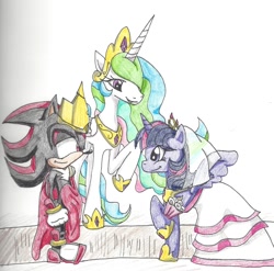 Size: 1000x989 | Tagged: safe, artist:cyrilsmith, imported from derpibooru, princess celestia, twilight sparkle, alicorn, pony, crossover, marriage, shadow the hedgehog, shadtwi, sonic the hedgehog (series), traditional art, twilight sparkle (alicorn), wedding