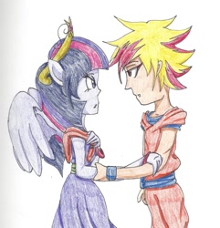Size: 1000x1039 | Tagged: safe, artist:cyrilsmith, imported from derpibooru, twilight sparkle, human, big crown thingy, chichi, clothes, cosplay, costume, crossover, dragon ball, dragon ball z, eared humanization, element of magic, goku, humanized, jewelry, pony coloring, regalia, shadow the hedgehog, son goku, sonic the hedgehog (series), super shadow, traditional art, twilight sparkle (alicorn), winged humanization, wings
