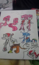 Size: 576x960 | Tagged: safe, artist:yoshiyoshi700, imported from derpibooru, gilda, pinkie pie, rainbow dash, oc, griffon, amy rose, crossover, pinkamena diane pie, shadow the hedgehog, sonic the hedgehog, sonic the hedgehog (series), traditional art, vulgar
