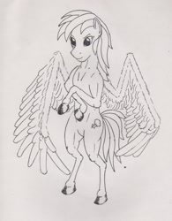 Size: 1546x1983 | Tagged: safe, artist:mackeroth, imported from derpibooru, rainbow dash, pony, bipedal, drawing, female, hoers, looking at you, smiling, solo, spread wings, traditional art, wings