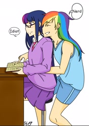 Size: 1456x2070 | Tagged: safe, artist:hinari-okisawa-628, imported from derpibooru, rainbow dash, twilight sparkle, human, clothes, duo, female, glasses, humanized, lesbian, shipping, skirt, teasing, twidash