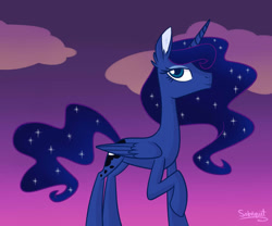 Size: 800x667 | Tagged: safe, artist:flourret, imported from derpibooru, princess luna, alicorn, pony, cloud, dusk, ear fluff, evening, female, folded wings, lidded eyes, mare, missing accessory, outdoors, profile, raised hoof, signature, sky, smiling, solo, standing