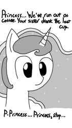 Size: 1440x2560 | Tagged: safe, artist:ag-poni, imported from derpibooru, princess luna, coffee, cute, funny, imminent murder, lunabetes, monochrome, offscreen character, poker face, sketch, solo, style emulation, this will end in tears