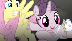 Size: 1258x720 | Tagged: safe, imported from derpibooru, screencap, fluttershy, sugar belle, pony, the cutie map, butt touch, hoof on butt, out of context, smiling