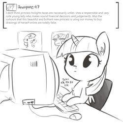 Size: 1080x1080 | Tagged: safe, artist:tjpones, imported from derpibooru, twilight sparkle, alicorn, pony, abuse of power, astroturfing, blatant lies, chest fluff, computer, computer mouse, ear fluff, female, grayscale, keyboard, monochrome, narcissism, picture, sockpuppeting, solo, twilight sparkle (alicorn), typing