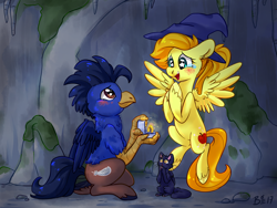 Size: 2000x1500 | Tagged: safe, artist:bloodorangepancakes, imported from derpibooru, oc, oc only, oc:appleshine, oc:breezewing, cat, hippogriff, pegasus, pony, blushing, crying, female, flying, happy, hat, mare, marriage proposal, ring, starry eyes, tears of joy, wingding eyes, witch, witch hat