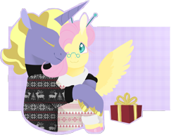 Size: 2353x1806 | Tagged: safe, artist:vindhov, imported from derpibooru, part of a set, fluttershy, ponet, alternate hairstyle, christmas sweater, clothes, colored pupils, eyes closed, hair bun, hearth's warming, hug, hug from behind, lineless, male, one eye closed, ponetshy, present, shipping, simple background, spectacles, spread wings, straight, sweater, transparent background