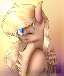 Size: 3850x4541 | Tagged: safe, artist:maximpy, artist:popcornhorns, deleted from derpibooru, imported from derpibooru, oc, oc only, oc:breadwolf, pegasus, pony, absurd resolution, bust, chest fluff, colored pupils, crepuscular rays, female, gradient background, mare, one eye closed, solo, speckled, wink